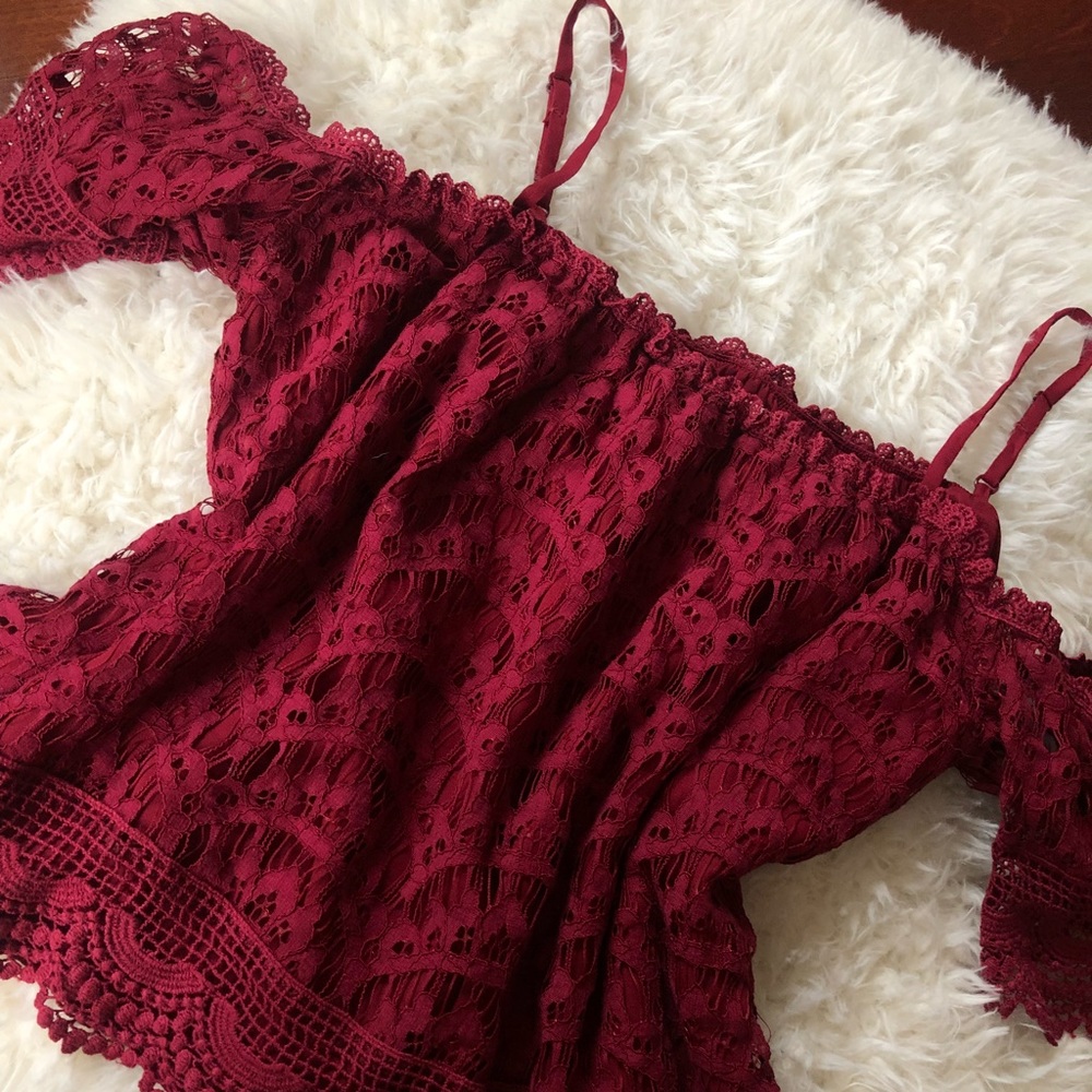 Red lace cold shoulder top